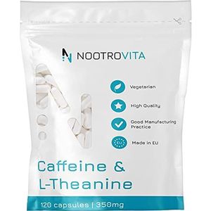 Cafeïne L-Theanine | 350 mg | 120 capsules | Verbeterde focus, aandacht, stemming en alertheid | Vegan cafeïnetabletten 100 mg met 250 mg L-Theanine | Nootrovita