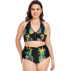 Regenboog Ananas Vruchten Vrouwen Bikini Sets Plus Size Badpak Twee Stukken Hoge Taille Strandkleding Meisjes Badpakken, Pop Mode, XXL