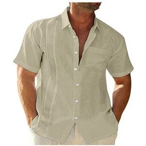 Herenoverhemd Linnen Katoen Strandoverhemd Met Korte Mouwen, Regular Fit Kampoverhemden Zomer heren t-shirt(Apricot,3XL)