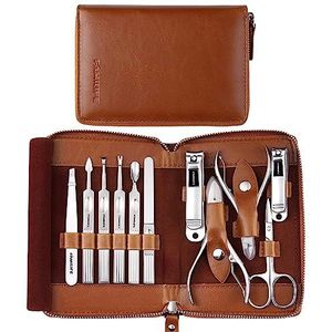 FAMILIFE Manicure Set, Professionele Manicure Kit Nail Clippers Set 11 in 1 RVS Pedicure Gereedschap Nail Kit Mannen Grooming Tool met Draagbare Bruin Lederen Reistas Luxe Geschenken voor Hem
