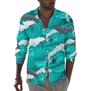 Sea Waves Dolphin Herenoverhemd met lange mouwen, button-down print, blouse, zomer, zakken, T-shirts, tops, 2XL