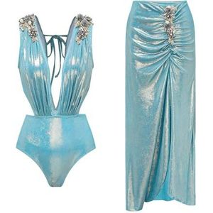 HFYRBDKSPI Eendelig damesbadpak met cover-up wrap lange rok strand glanzende badmode tweedelig badpak,Blauw,L