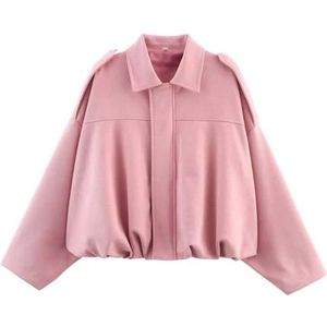 RVUEM Women's Faux Suede Bomber Jacket, Casual Lapel Pilot Cropped Coat, Oversized Long Sleeves, Motorcycle Jackets, 2025 Outerwear,Roze,L