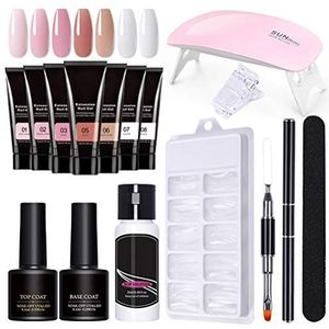 Polygel complete set met uv-lamp, gelset voor nagels, poly met 7 kleuren, stretchlijm, 100 stretchvormen, polygel, set voor beginners, nagelverlenging