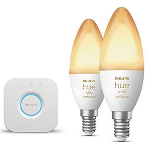 Philips Hue Starterspakket - E14 - met 2 Kaarslampen - Warm tot Koelwit Licht - Incl. 1 Bridge - Hue White Ambiance