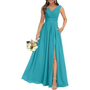 Chiffon bruidsmeisjesjurken voor dames, voor bruiloft, met split, cocktailjurk, avondjurk, baljurk, grote maten, Aqua Blauw, 32