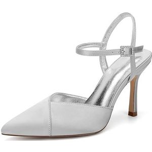 KYEGLO Satijnen Sandalen Met Gesloten Teen En Bandjes Voor Dames, Puntige Neus, Hoge Hakken, Sexy Schoenen, Perfect Voor Bruiloften,Zilver,36