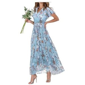 Maxi-jurk van chiffon met bloemenprint voor dames, zomer, elegant, boho, lange vloeiende jurken, ruches, mouwen, V-hals, vakantie, strand, outfit, bruiloft, gast, verloving, cocktailparty, Blauw, XXL