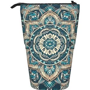 RLDOBOFE Vintage Mandala Bloemen Print Potlood Tas Stand-Up Intrekbare Potlood Doos Organizer Pen Houder Opbergtas Cosmetische Tas Voor Kantoor Kerst Vakantie Gift, Zwart, Eén maat