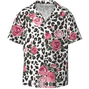 TyEdee Leuke Roze Rose Mix Luipaard Patroon Print Mannen Korte Mouw Jurk Shirts Met Zak Casual Button Down Shirts Business Shirt, Zwart, 4XL