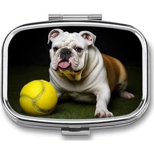 Bulldog met gele bal pillenorganisator, vierkant medicijndoosje met spiegel, dagelijkse pillendozen voor portemonnee, mini-medicijnopslag, containerdoos, compacte pillenhouder voor vitamines