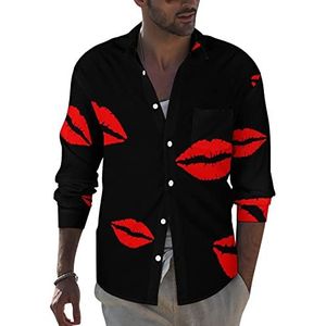 Kiss Lip heren revers shirt met lange mouwen button down print blouse zomer zak T-shirts tops S