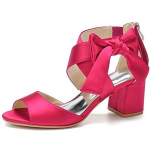 Dames Trouwschoenen met open teen Enkelbandje Blok Dikke hak Bruidssandalen Achterkant Rits Feestjurk Pumps,Fuchsia,35 EU