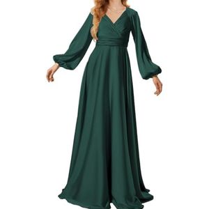 Prinses Bruidsmeisje Jurken Lange Mouw Galajurken V-hals Satijn Formele Avondfeest Maxi Jurk ZM199, Turkoois, 32