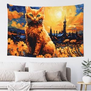 cfpolar Gepersonaliseerd wandtapijt, aangepast wandtapijt voeg je tekst/foto's toe hangend wandtapijt achtergrond banners voor slaapkamer woonkamer wanddecoratie 60 x 40 inch, kat zonnebloemen zon