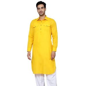 Lakkar Haveli Mannen Pakistaanse traditionele gele shirt Kurta bruiloft partij dragen witte pyjama broek set katoen, Geel, XXL