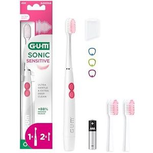 GUM SONIC SENSITIVE Elektrische Tandenborstel Op Batterijen | Zeer Draagbaar | Biedt Ultra Zacht En Diep Schoon | X1 Borstel, X2 Vervangende Koppen, X1 Batterij AAA | Wit