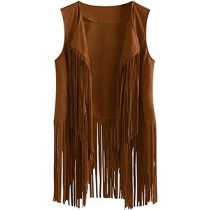 MIMIKRY Vest met franjes in suède-look, cowgirl, hippie, indianen, boho, festival, jaren 60, Wester, maat: M, kleur: bruin