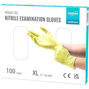 EUROPAPA® 100 x nitrilhandschoenen, wegwerphandschoenen, onderzoekshandschoenen, nitril, poedervrij, zonder latex, niet-steriel, latexvrij, wegwerphandschoenen (XL, Geel)