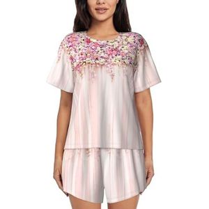 YQxwJL Bloemen Muur Roze Rose Print Vrouwen Pyjama Sets Shorts Korte Mouw Lounge Sets Nachtkleding Casual Pjs Met Zakken, Zwart, XL