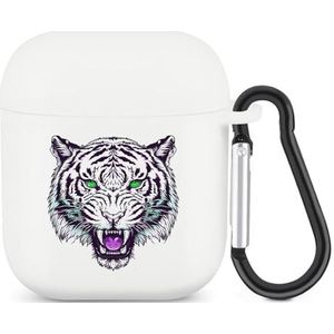 Witte Tijger Hoofd Groene Ogen Leuke Case Voor AirPods 2&1 Shockproof Beschermende Hoofdtelefoon Gevallen Cover Met Sleutelhanger Voor Mannen Vrouwen