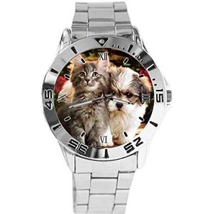 Leuke mooie Shih Tzu hond en kat ontwerp analoog polshorloge quartz zilveren wijzerplaat klassieke roestvrij stalen band vrouwen mannen horloge