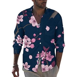 Roze kersenbloesem heren button down shirt met lange mouwen casual strand tops met zak normale pasvorm