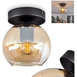 Plafondlamp Koyoto, moderne plafondlamp van metaal/glas in zwart/amber, 1-lamps lamp in retro/vintage design met kap van glas (Ø 15 cm), 1 x E27, zonder gloeilamp