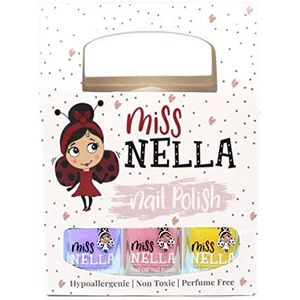 Miss In - kindernagellak op waterbasis, glitter, verpakking met 3 kleuren Cheeky Bunny, Butterfly Wings, Honey Twinkles zeer helder, peel off formule.