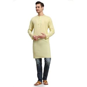 Heren katoenen Henley-shirts met lange mouwen, kraag en lange pasvorm, kurta-strandhemden met zak, Citroen, XL