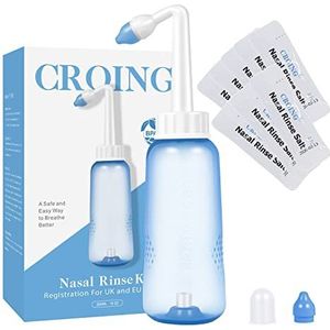 CROING 𝗡𝗲𝘂𝘀𝗱𝗼𝘂𝗰𝗵𝗲 80 x Zout + 1 x Neusdouchefles (300 ml) - Neti Pot, Neusdouches, Neusspoeling, Nasal Irrigation, Sinus Rinse
