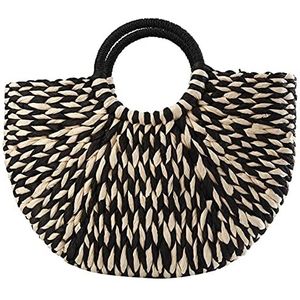 Strandtas Dames Handtas Rotan Rieten Stro Geweven Halfronde Tas Grote Capaciteit Vrouwelijke Casual Reizen Tote Mode (Kleur: Zwart wit)