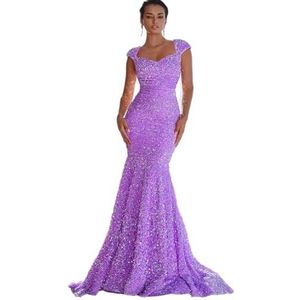 ORBITRAY Dames cape mouwen glitter lange prom party jurken zeemeermin 2024 maxi pailletten avondjurk met trompt sleep, Lila, 22