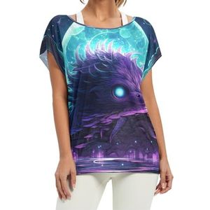 Space Light Purple Hedgehog dames korte vleermuismouwen shirt ronde hals T-shirts losse tops voor meisjes, Patroon, XL