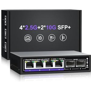 6-poorts 2,5G onbeheerde Ethernet-schakelaar, 4 x 2,5G Base-T-poorten, 2 x 10G SFP+, compatibel met 100/1000/2500Mbps, metalen ventilatorloos, desktop/wandmontage NICGIGA 2,5 Gbe netwerkschakelaar