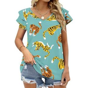 Kleurrijke Tijger Grafische Blouse Top Voor Vrouwen V-hals Tuniek Top Korte Mouw Volant T-shirt Grappig