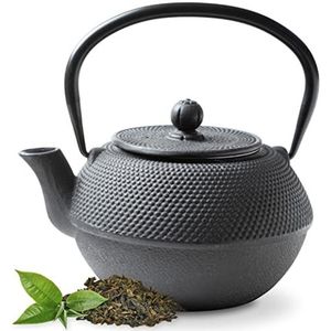Tealøv THEEPOT GIETIJZER 1,1 Liter – GIETIJZEREN THEEPOT Arare in Japanse Stijl - Met Uitneembare Roestvrijstalen Theezeef – Binnenzijde Volledig Geëmailleerd – Thee blijft langer Warm - Zwart