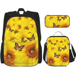 SUHNGE Fiets Koffie Ballon Print Rugzak Meisjes Jongens Schooltassen Tiener Lunch Box en Potlood Case 3 in 1 Boekentassen Set, Gele bloemen vlinders, Eén maat