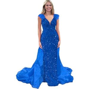 ORBITRAY Fluwelen Glitter V-hals Lange Prom Feestjurk Zeemeermin 2024 Veer Schouder Avondjurk met Overrok, Blauw, 26