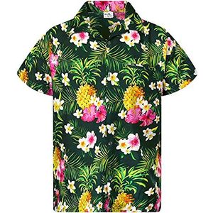 King KAMEHA Funky casual Hawaïaans shirt voor kinderen, jongens en meisjes, voorzak, korte mouwen, uniseks, ananasbloemenprint, Ananas Bloemen Petrolgreen, 8 jaar