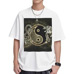 Yin Yang Dragon Tiger Print Dames Katoenen T-shirts Casual Korte Mouw Tuniek Tops Ronde hals Zomer Basic Loose Fit Tee, Wit, S