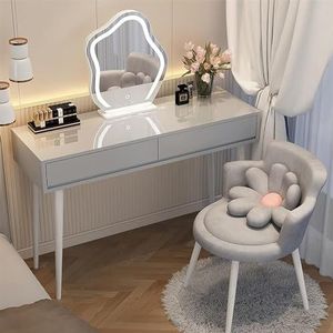 EdNey Kaptafel set, voor slaapkamer kleedkamer, met 3-kleuren dimbare verlichte spiegel, met comfortabele make-up kruk, met lade (kleur: grijs, maat: L-120 cm)