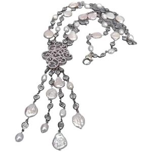 PYRJLMYQ Zoetwater gekweekt 16x18mm witte munt parel kristal rozenkrans ketting pave hanger ketting 25 inch, Eén maat, Agaat