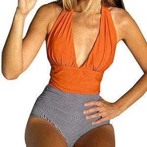 TIANQUXNGI Vrouwen Een Stuk V-hals Backless Monokini Gestreept Ruches Hoge Taille Buikcontrole Badpak