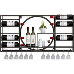Wijnrek voor wandmontage, wijnrek, wandmontage met glaswerk, smeedijzeren industrieel windrek, huisrestaurant wijnkast decoratie/displayrek (afmetingen: 110 x 62 x 11 cm, kleur: zwart)