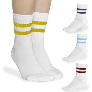 Socks4fun 4 paar bamboe sportsokken voor dames en heren, hoog ademend, ultrazacht, gestreept, ideaal voor hardlopen, fietsen, tennis en dagelijks gebruik, maten 36-41 en 42-47, 1 x witte strepen/geel