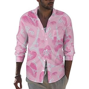 Roze Parijs Eiffeltoren heren revers shirt met lange mouwen button down print blouse zomer zak T-shirts tops 6XL
