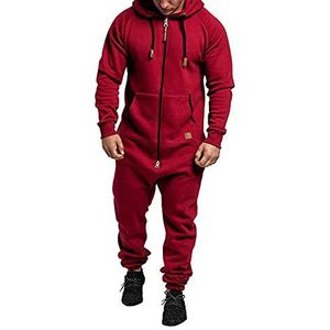 DROLA Heren Fleece Onesies Nachtkleding Hooded Solid Pyjama Playsuit Trekkoord Casual Losse Warme Winter, Rood, XL