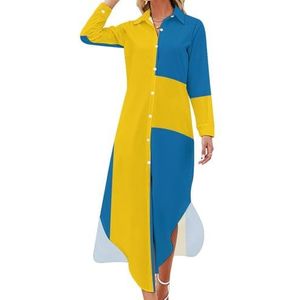 Sweden Flag Maxi-jurk voor dames, lange mouwen, knoopjurk, casual feestjurk, lange jurk, 5XL