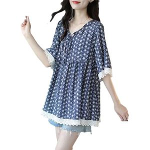 Dvbfufv Vrouwen Zomer Losse Casual V-hals Printing Shirts Vrouwen Mode Kant Patchwork Trui Blouses, Blauw, XS